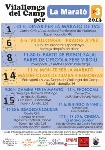 Cartell d'actes de Villallonga del Camp per La Marató de TV3