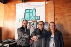 El regidor de Cultura de l'Ajuntament de Reus, Joaquim Sorio, amb els co-directors del Festival, Sílvia Ferran i Christian Inaraja, aquest dilluns al Centre d'Art Cal Massó de Reus. Foto: ACN