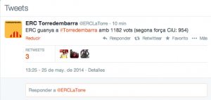 Satisfacció al compte de Twitter d'ERC La Torre.