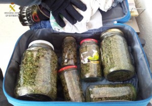 Imatge de la marihuana en pots de vidre a la maleta