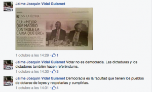 Comentaris a Facebook de Jaime Vidal, regidor de govern del PP als Pallaresos