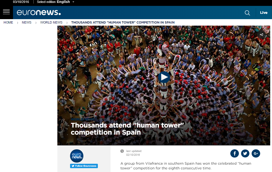 Article a Euronews sobre el Concurs de Castells de Tarragona.