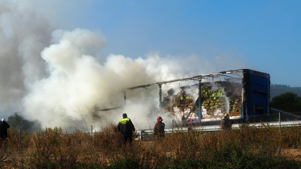 L'incendi que ha tallat l'AP-7 al Vendrell en direcció Barcelona. Foto: RTV El Vendrell