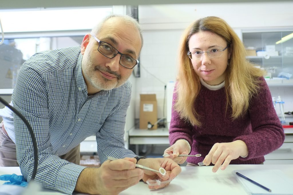 Els investigadors de la URV Lluís Marsal i Elisabet Xifre, al laboratori on s'ha provat el nou nanodispositiu. Foto: Cedida