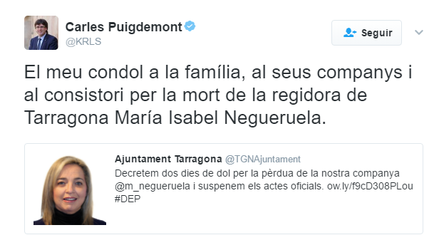 El president de la Generalitat, Carles Puigdemont, expressa en un tuit el seu condol per la mort de Negueruela.