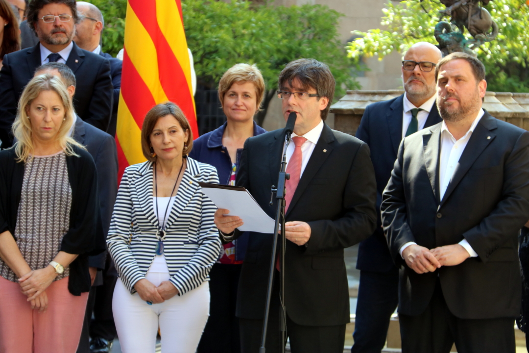 El president, Carles Puigdemont anuncia la pregunta i la data del referèndum al Pati dels Tarongers. Foto: ACN