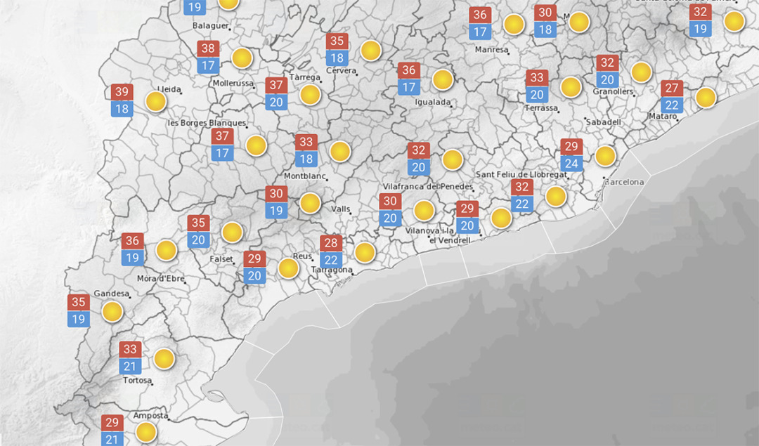 Mapa de predicció metereològica per a diumenge. Foto: Meteocat